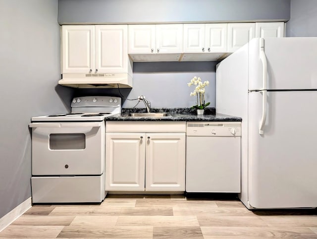 kitchen featuring sink, white cabinets, white appliances, and light wood-type flooring