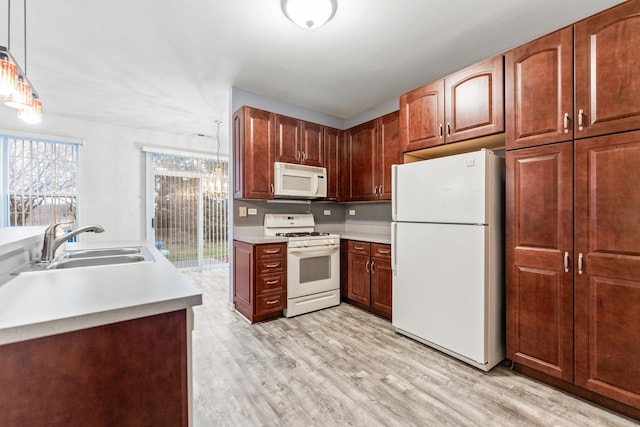 kitchen featuring white appliances, light hardwood / wood-style flooring, hanging light fixtures, and sink