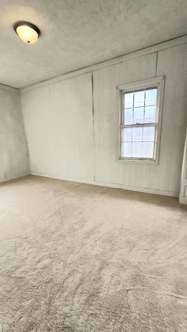 spare room featuring a textured ceiling and light colored carpet