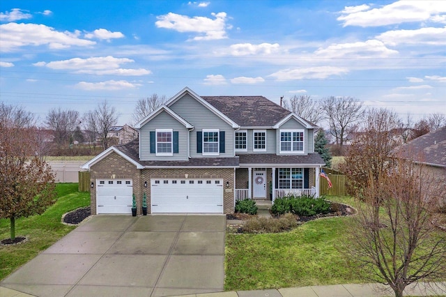 front of property featuring covered porch, a garage, and a front lawn