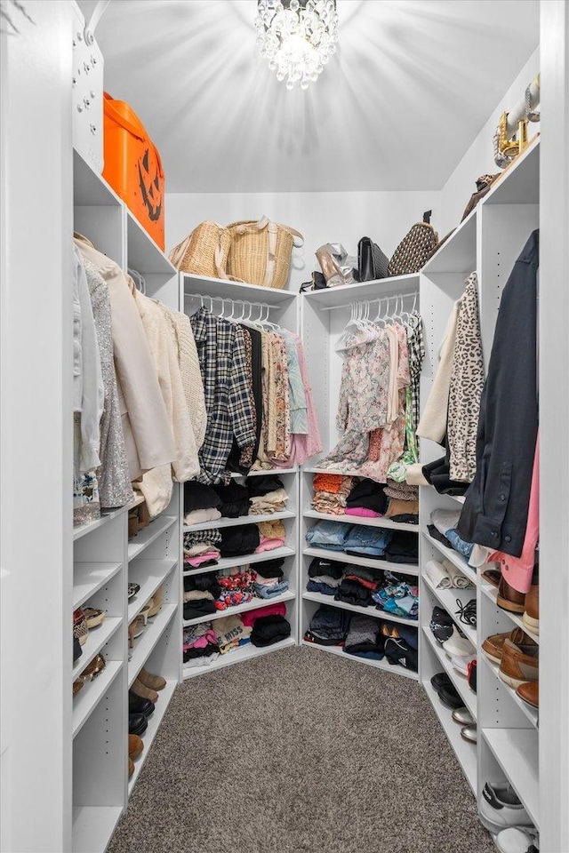 walk in closet with carpet and a chandelier