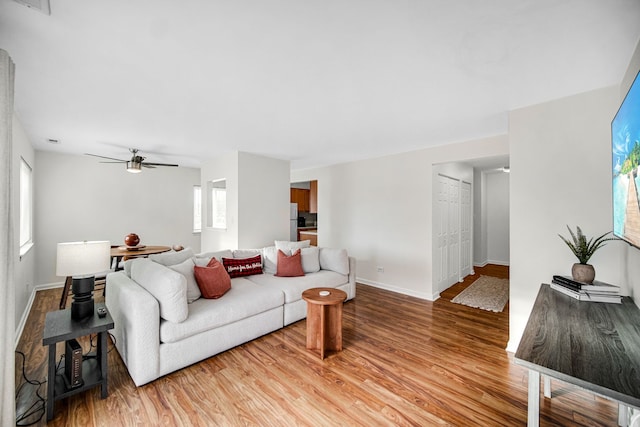 living room featuring ceiling fan and wood-type flooring