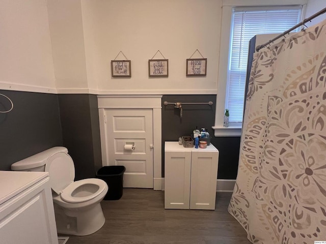 bathroom with wood-type flooring and toilet