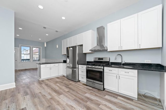 kitchen featuring white cabinets, wall chimney range hood, sink, kitchen peninsula, and stainless steel appliances