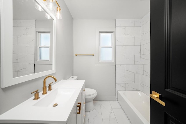 full bathroom with marble finish floor, vanity, toilet, and baseboards