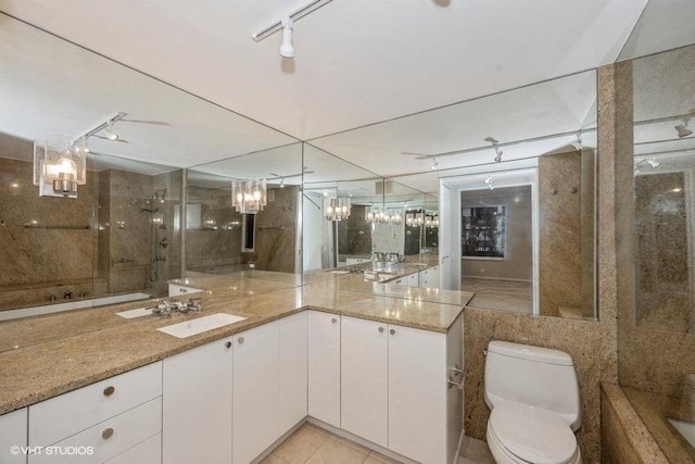 bathroom with rail lighting, walk in shower, tile patterned floors, toilet, and vanity