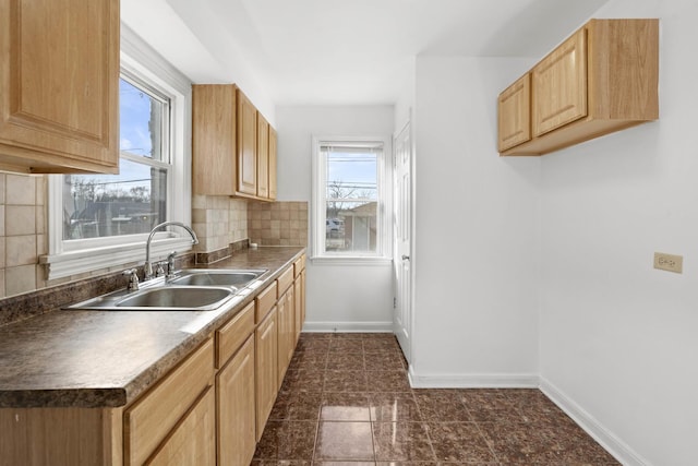 kitchen featuring tasteful backsplash, sink, and light brown cabinetry