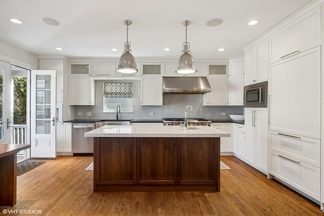 kitchen featuring a kitchen island with sink, under cabinet range hood, stainless steel appliances, wood finished floors, and white cabinetry