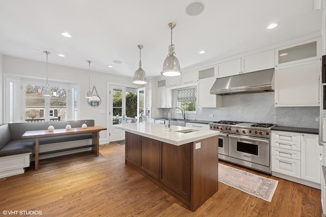 kitchen with tasteful backsplash, white cabinets, range with two ovens, under cabinet range hood, and a sink