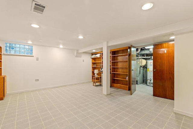 basement with heating unit and water heater