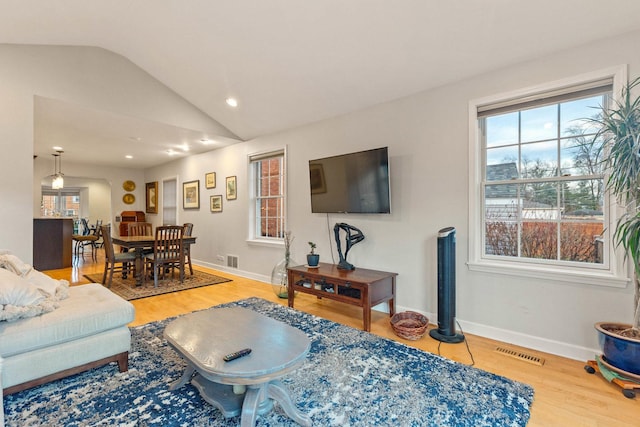 living room featuring wood-type flooring and vaulted ceiling