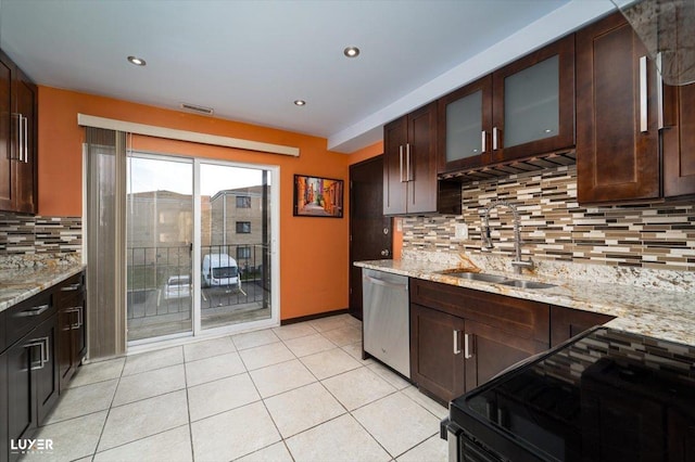 kitchen with stainless steel dishwasher, backsplash, black electric range oven, and sink