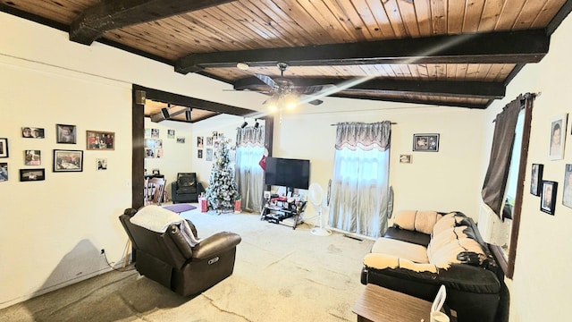 living room with carpet flooring, vaulted ceiling with beams, ceiling fan, and wood ceiling