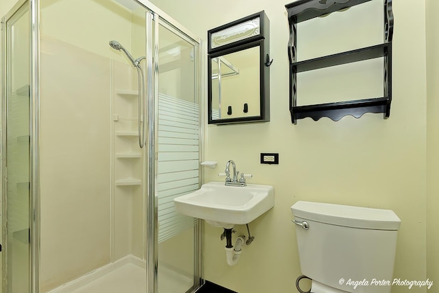 bathroom with toilet, sink, and a shower with shower door