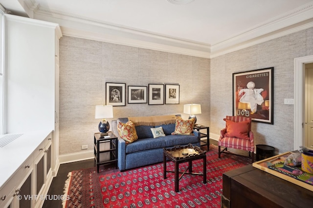 living room with crown molding and wood-type flooring