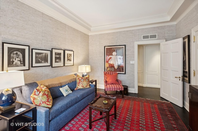 living room with ornamental molding and dark wood-type flooring