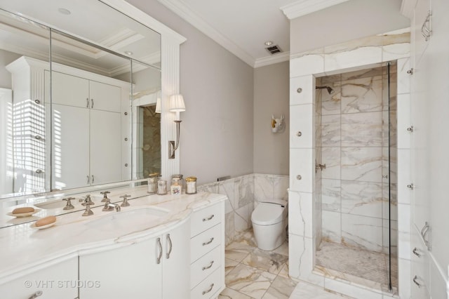 bathroom with walk in shower, vanity, crown molding, tile walls, and toilet