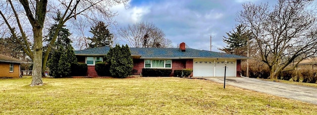 single story home with a garage and a front lawn