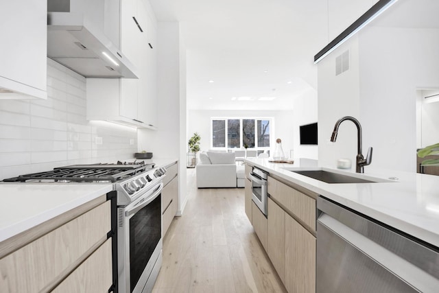 kitchen with light brown cabinets, sink, range hood, and appliances with stainless steel finishes