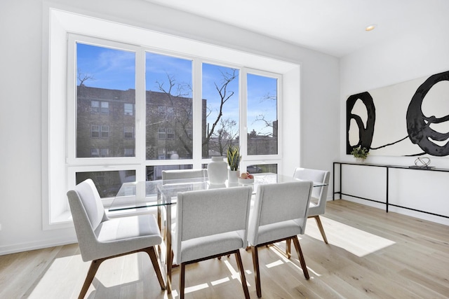 dining area with light hardwood / wood-style flooring and a healthy amount of sunlight