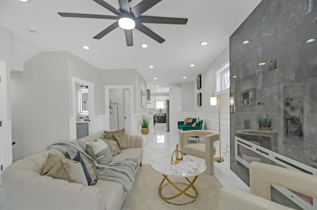 living room with ceiling fan