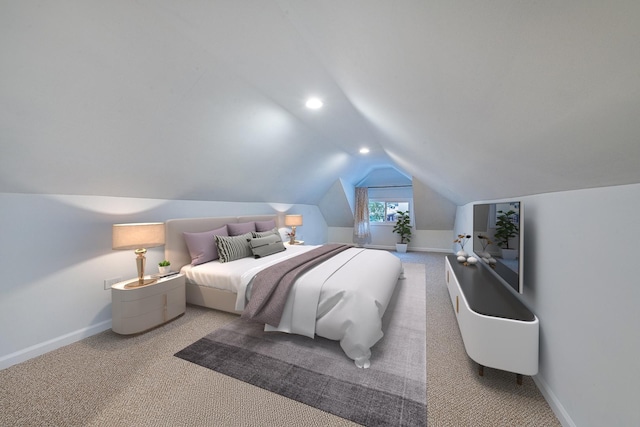 bedroom with light carpet and vaulted ceiling