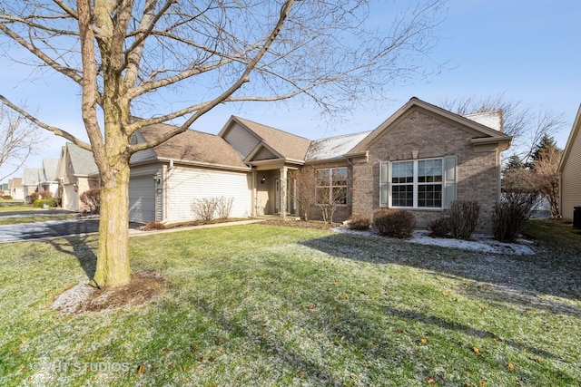 single story home with a garage, central air condition unit, and a front yard