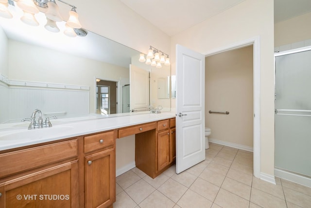 bathroom featuring tile patterned floors, vanity, a shower with shower door, and toilet