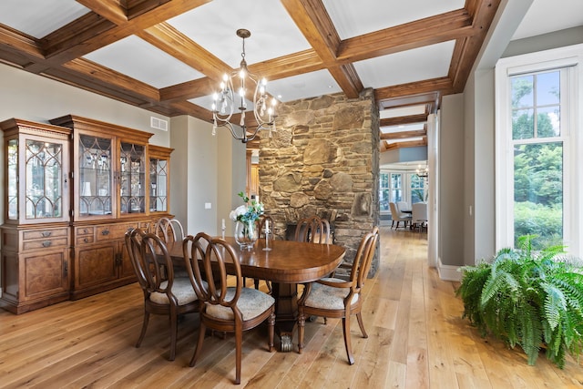 dining area with an inviting chandelier, coffered ceiling, and light hardwood / wood-style floors