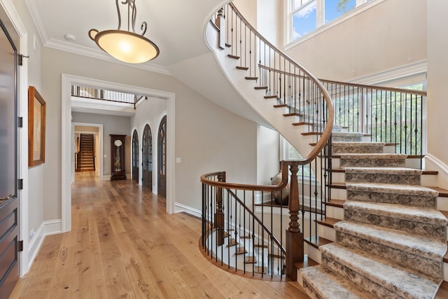 entrance foyer with crown molding and light wood-type flooring