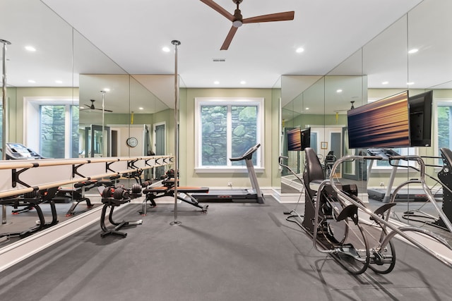 gym featuring ceiling fan and a healthy amount of sunlight