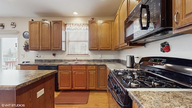 kitchen with sink, light hardwood / wood-style floors, and black appliances