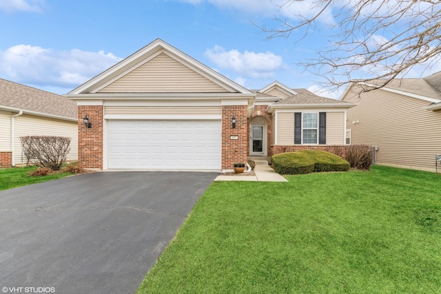 ranch-style home featuring a garage and a front lawn