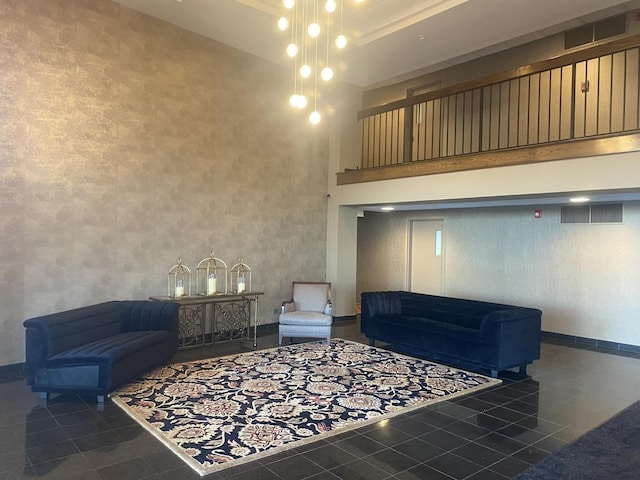 tiled living room with a high ceiling