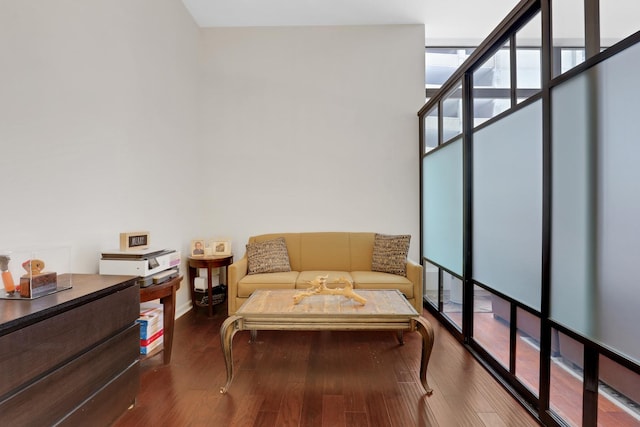 living area featuring hardwood / wood-style floors and a wall of windows