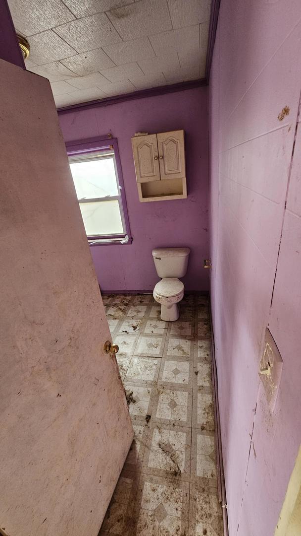 bathroom with toilet and crown molding