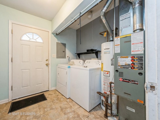 clothes washing area featuring gas water heater, electric panel, and separate washer and dryer