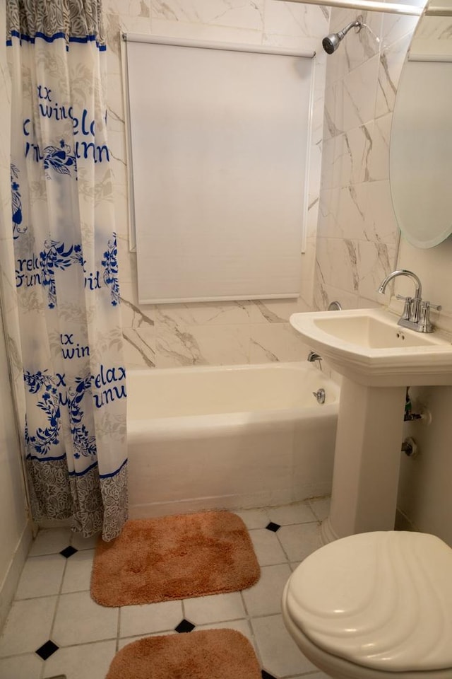 bathroom with toilet, shower / bath combination with curtain, and tile patterned floors