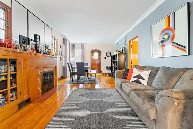 living room featuring light hardwood / wood-style floors and crown molding