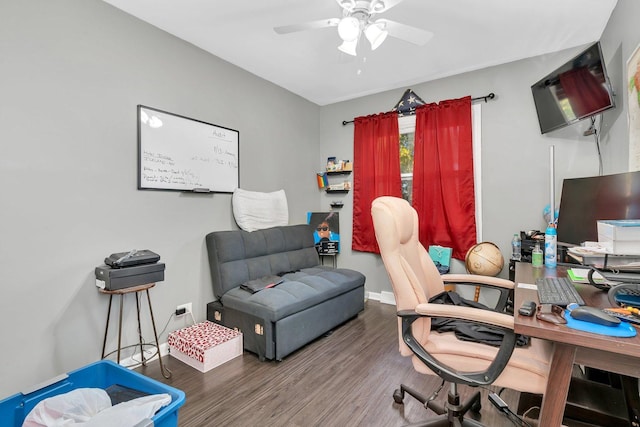 office area with ceiling fan and wood-type flooring