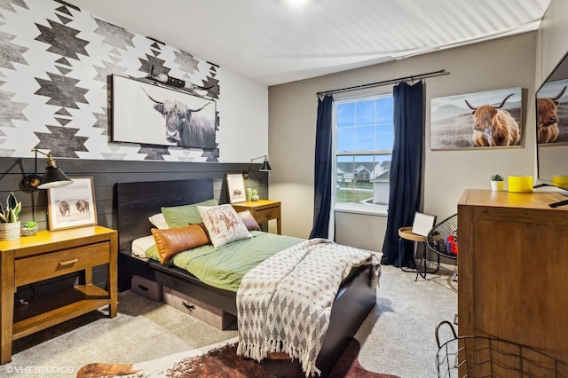 bedroom with light carpet