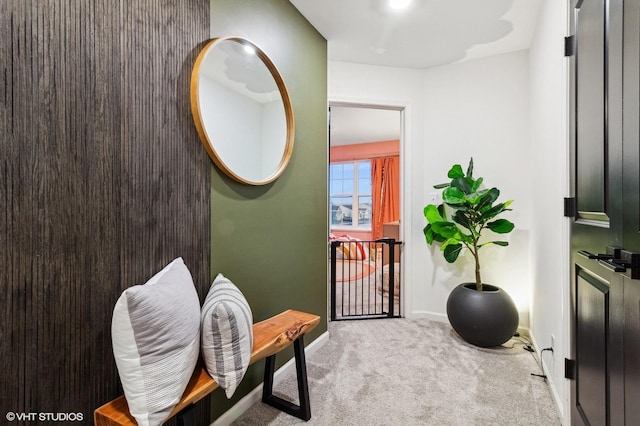 sitting room with light colored carpet