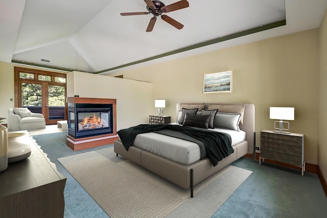 bedroom with dark colored carpet, vaulted ceiling, a multi sided fireplace, a raised ceiling, and ceiling fan