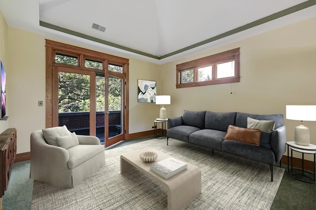 carpeted living room with plenty of natural light and a tray ceiling