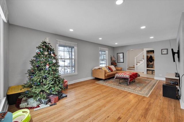 living room with light hardwood / wood-style flooring