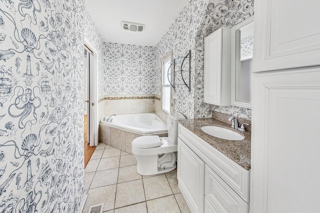 bathroom with tile patterned flooring, toilet, vanity, visible vents, and wallpapered walls