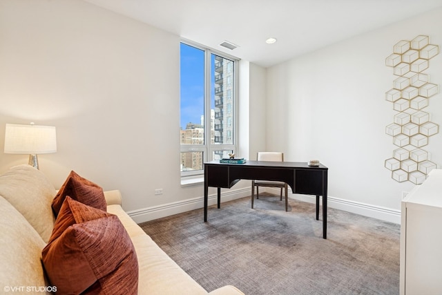 office space featuring carpet, baseboards, visible vents, and recessed lighting