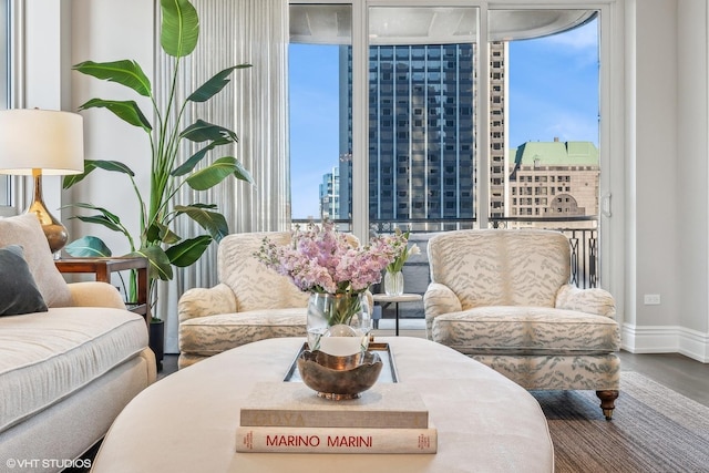 living area featuring floor to ceiling windows, a healthy amount of sunlight, and a city view