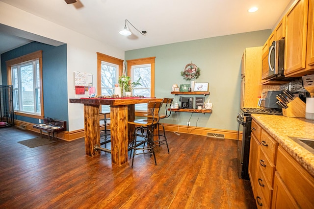 dining room with dark hardwood / wood-style flooring and a healthy amount of sunlight