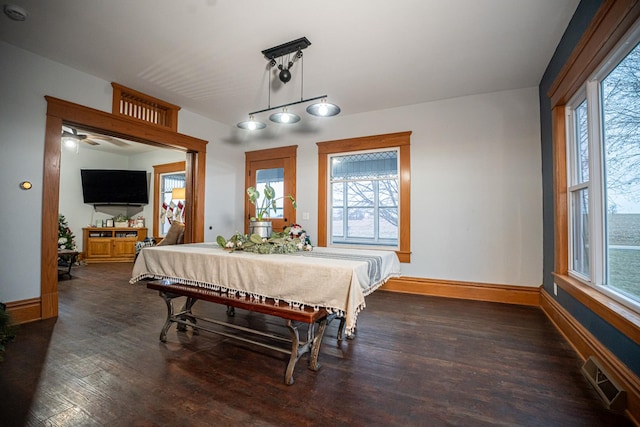 game room with dark hardwood / wood-style floors and ceiling fan